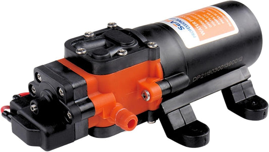 Black and orange pump with visible branding on a white background