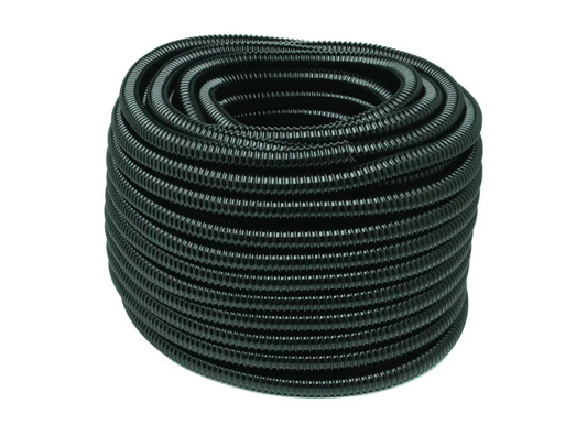 Coiled black hose on a white background