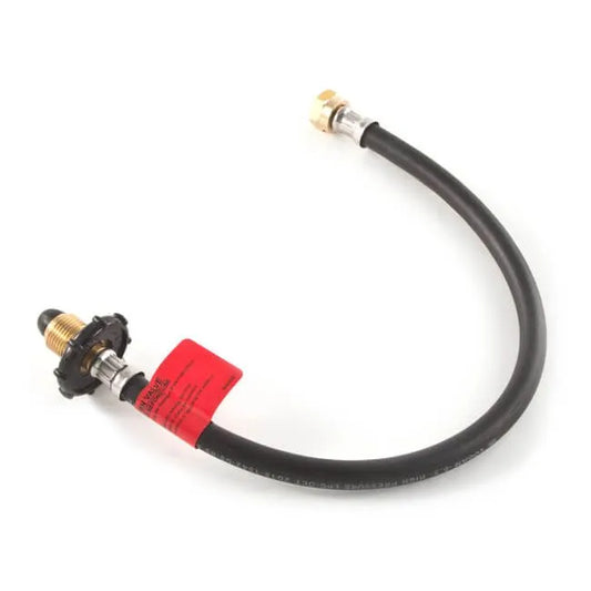 Black pig tail lpg hose with metal fitting and red label on a white background