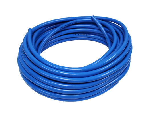 Coiled blue hose on a white background