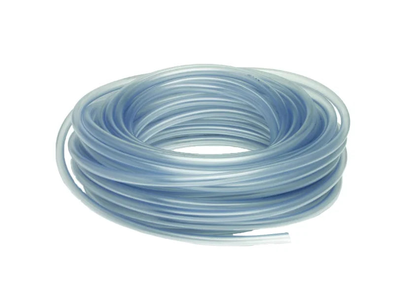 Coiled clear hose on a white background