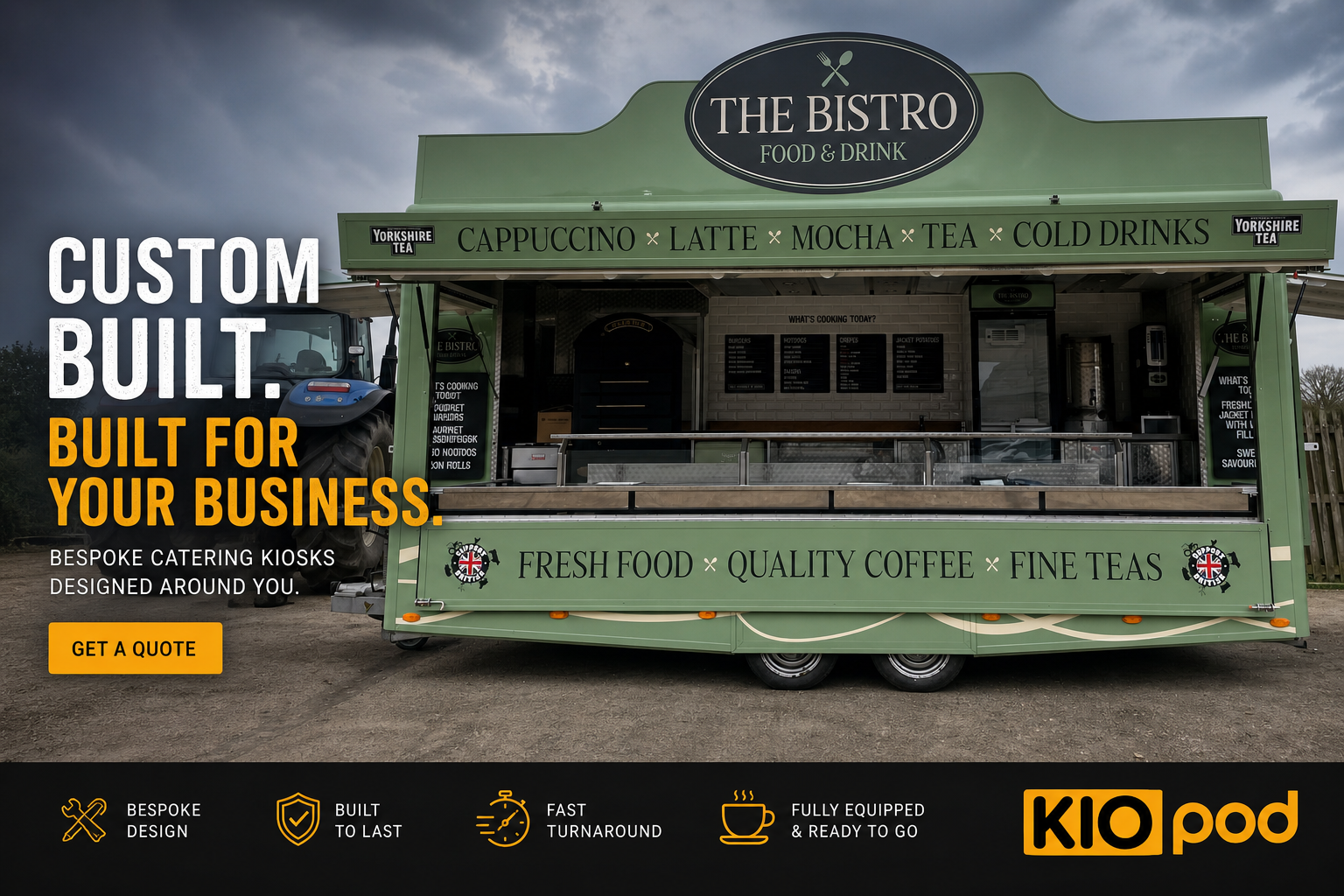 Green food truck with 'The Bistro' branding on a cloudy day, featuring text about custom-built catering kiosks.