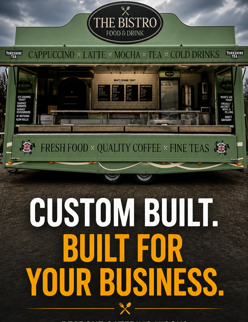 Green food truck with 'The Bistro' branding and promotional text.