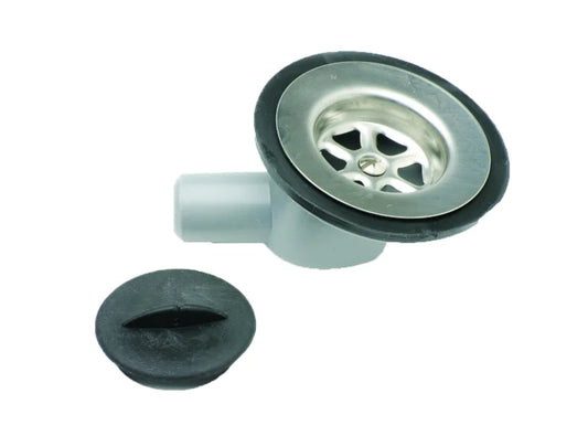 Plumbing drain assembly with black rubber washer on a white background