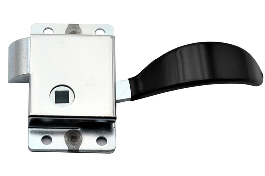 Metal door handle lock with black handle on a white background