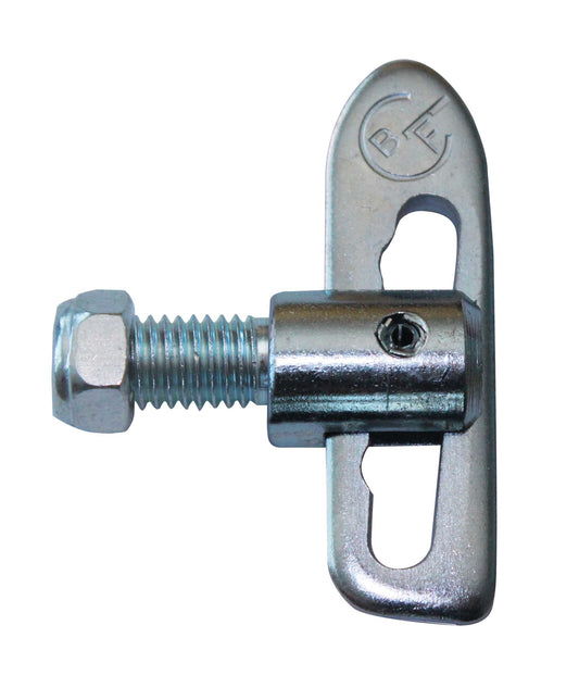 Metal toggle bolt with a hex nut on a white background
