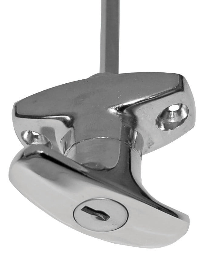 Metallic door handle with keyhole on a white background