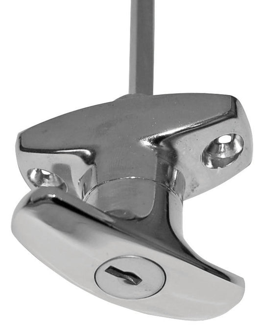 Metallic door handle with keyhole on a white background