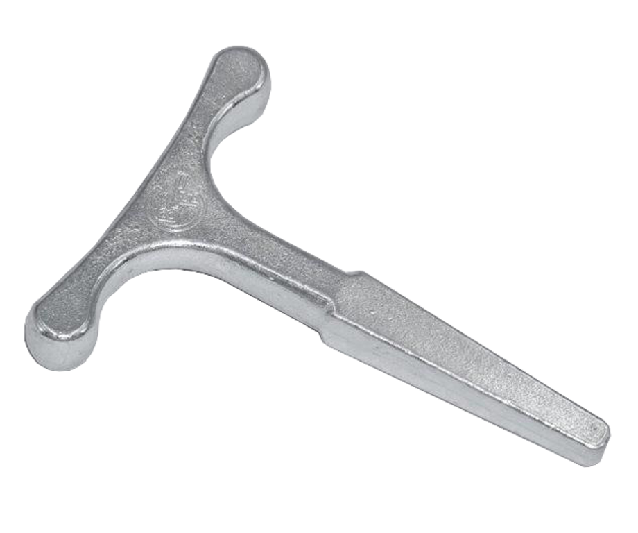 Metal T-shaped tool on a white background