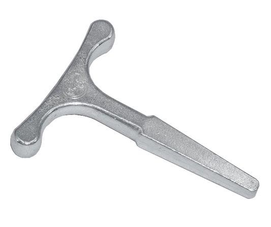 Metal T-shaped tool on a white background