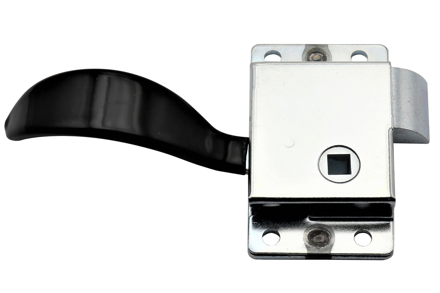 Black door handle with metallic lock mechanism on a white background