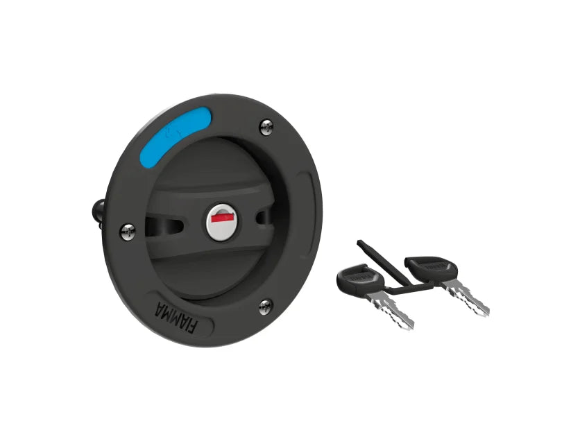 Black fuel cap with blue accent and keys on a white background
