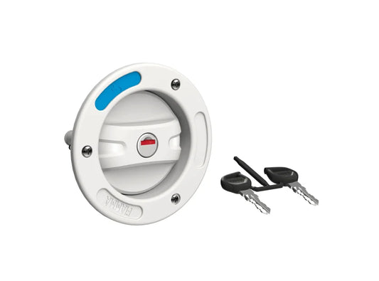 White fuel cap with blue accent and keys on a white background